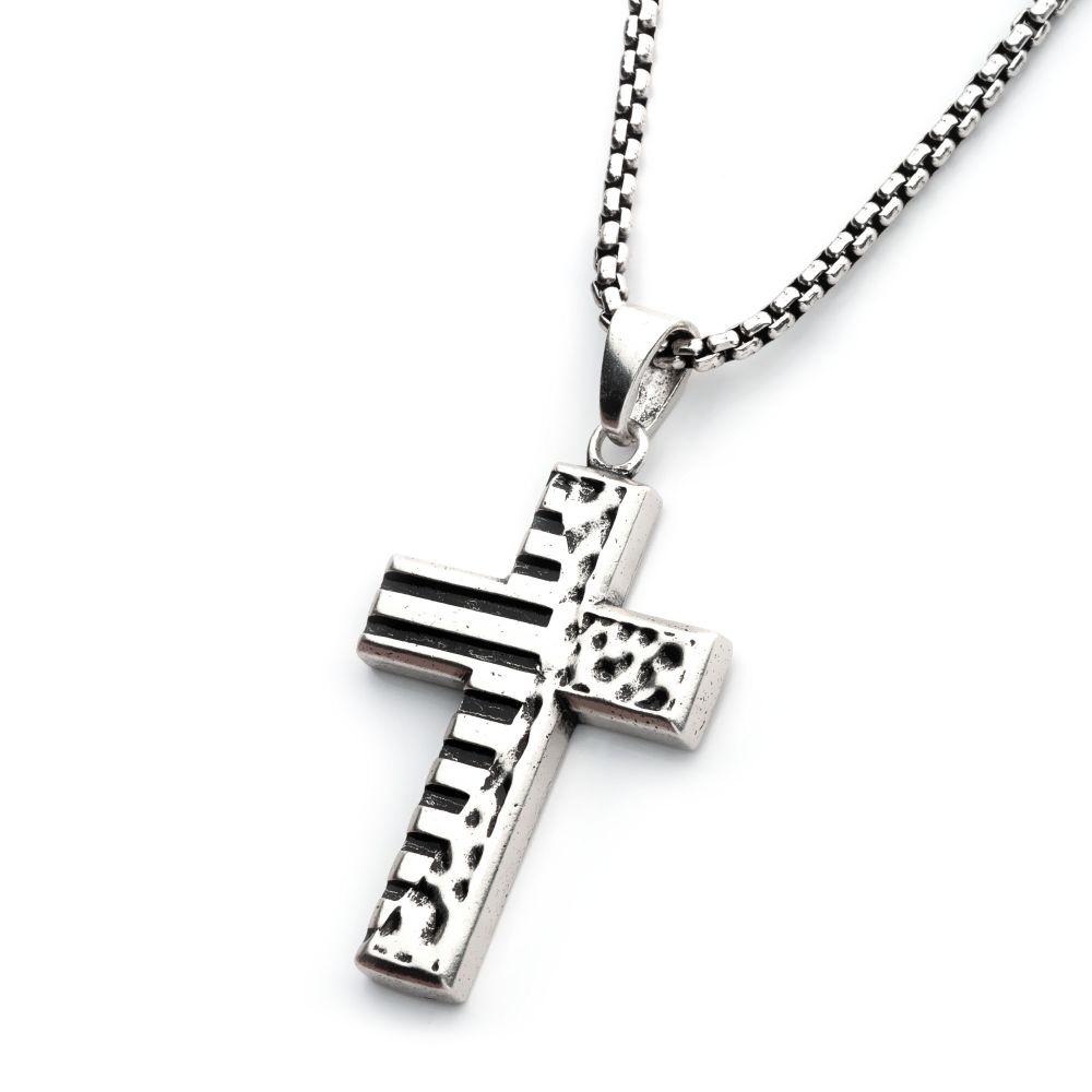 Side view of  925 Silver Oxidized Coin Stamped Cross Pendant with Box Chain