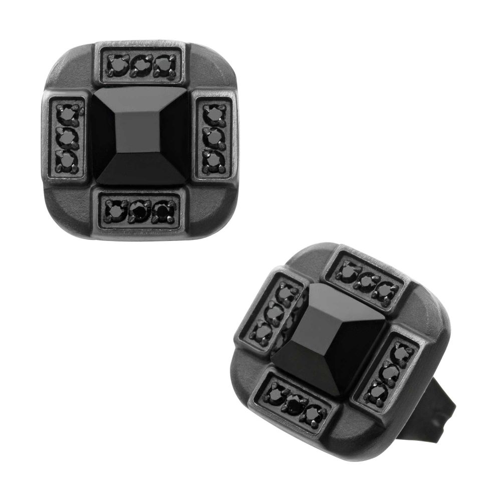 INOX Stainless Steel Antique Bronze IP with Black CZ Stud Earrings