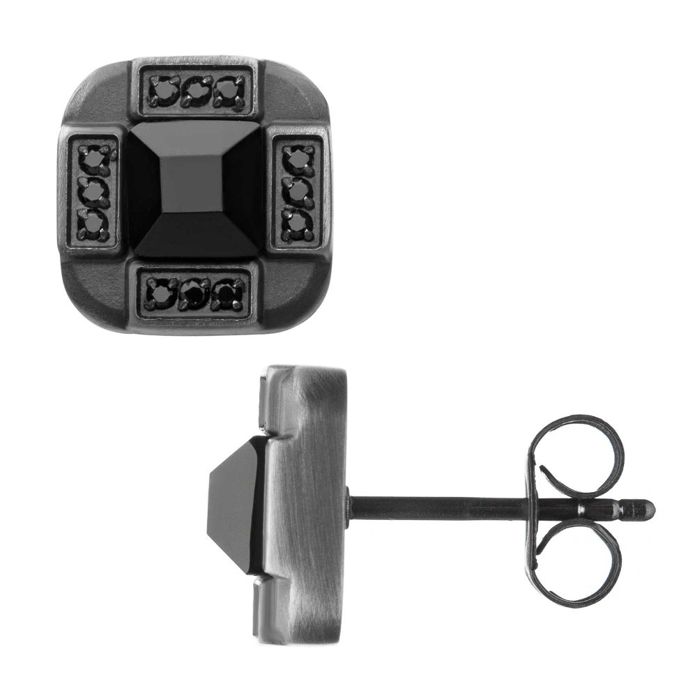 INOX Stainless Steel Antique Bronze IP with Black CZ Stud Earrings