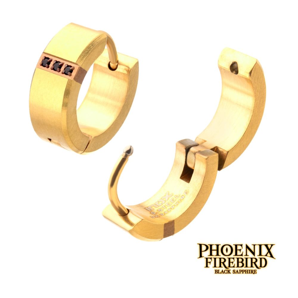 INOX 18Kt Gold IP Steel Matte Finish Huggie Earrings with Genuine Black Sapphire