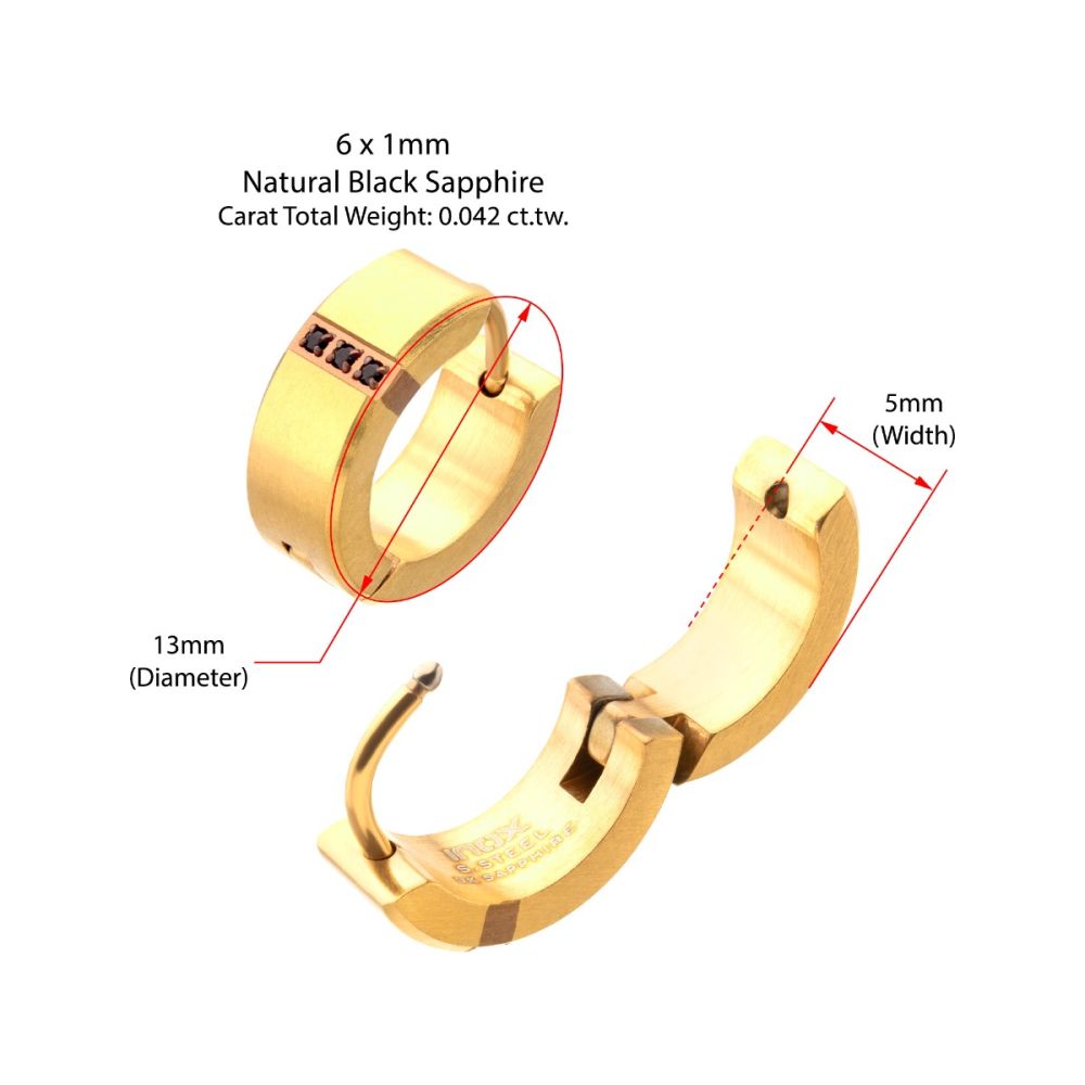 INOX 18Kt Gold IP Steel Matte Finish Huggie Earrings with Genuine Black Sapphire