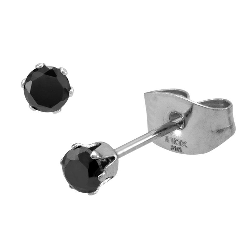 INOX Prong Set Black CZ Stud Earrings (Unisex)