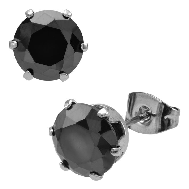 INOX Prong Set Black CZ Stud Earrings (Unisex)