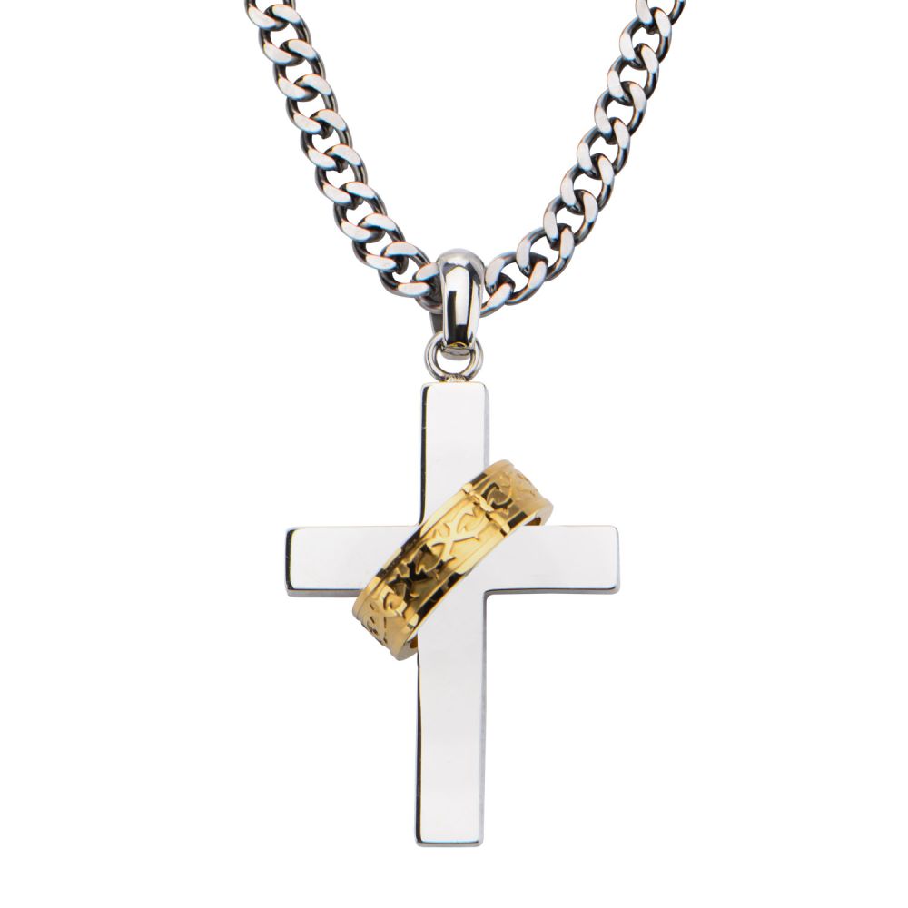 INOX Gold IP Ring in Steel Cross Pendant with Chain