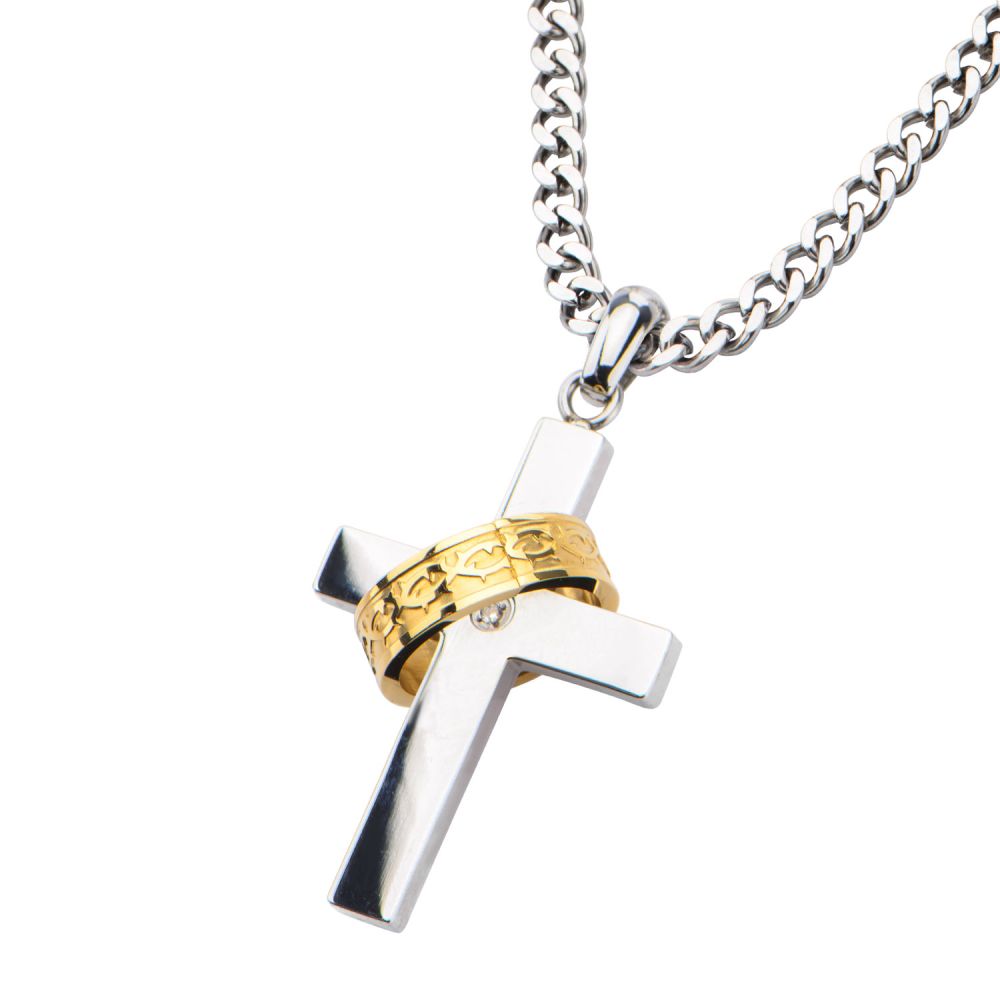 INOX Gold IP Ring in Steel Cross Pendant with Chain