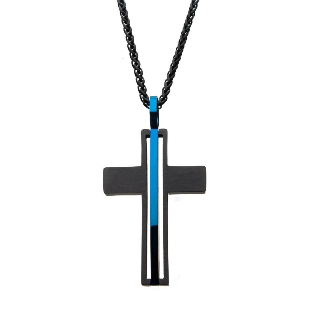 Front View INOX Matte Black IP with Thin Blue Line Pendant with Chain