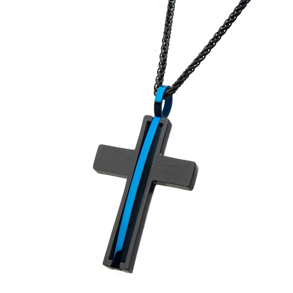 Side View INOX Matte Black IP with Thin Blue Line Pendant with Chain