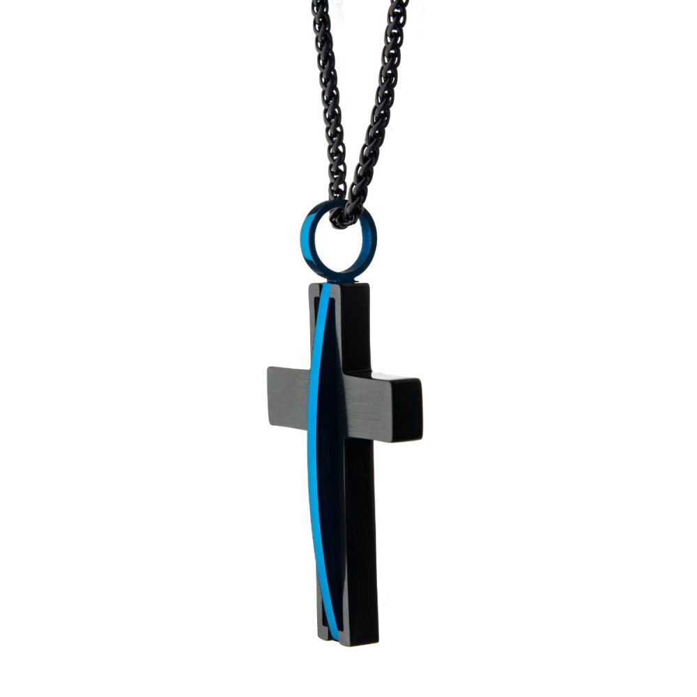 Alternate Side View INOX Matte Black IP with Thin Blue Line Pendant with Chain