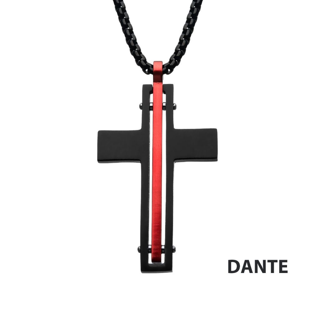 Front View INOX Dante - Black & Red Matte Thin Red Line Cross Pendant with Round Box Chain