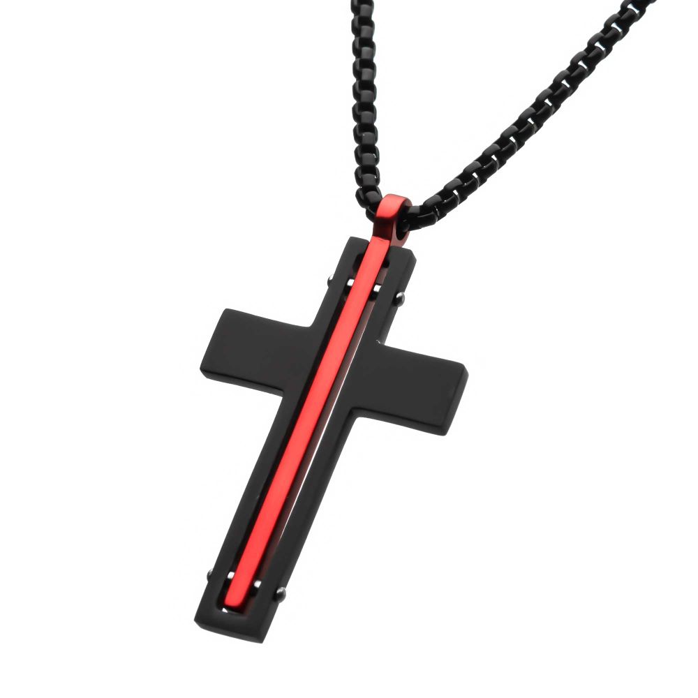 Side View INOX Dante - Black & Red Matte Thin Red Line Cross Pendant with Round Box Chain