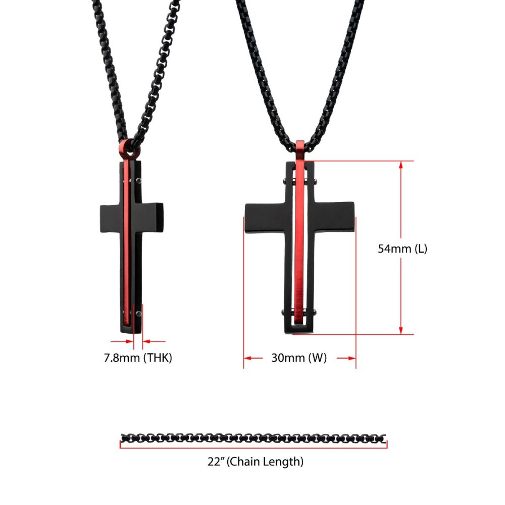 Measurement View INOX Dante - Black & Red Matte Thin Red Line Cross Pendant with Round Box Chain