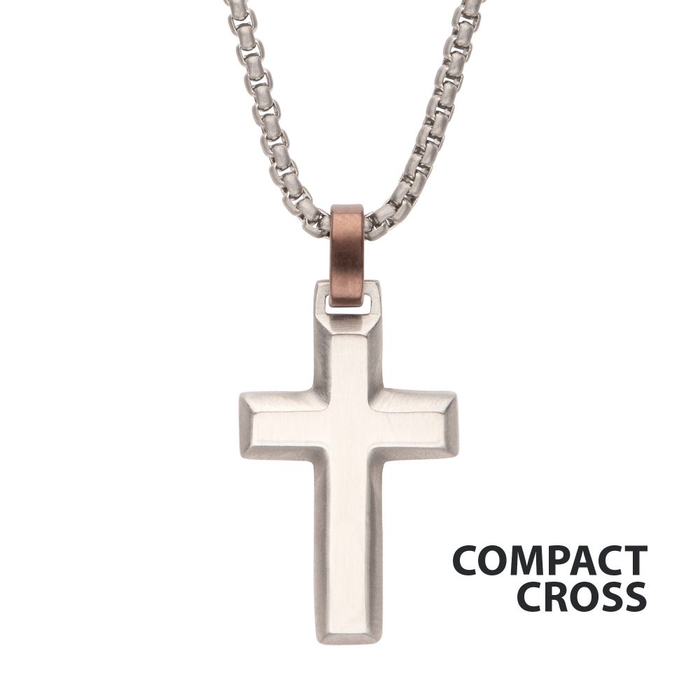 INOX Stainless Steel Matte Finish Beveled Cross with Brown Bail on 22" Box Chain