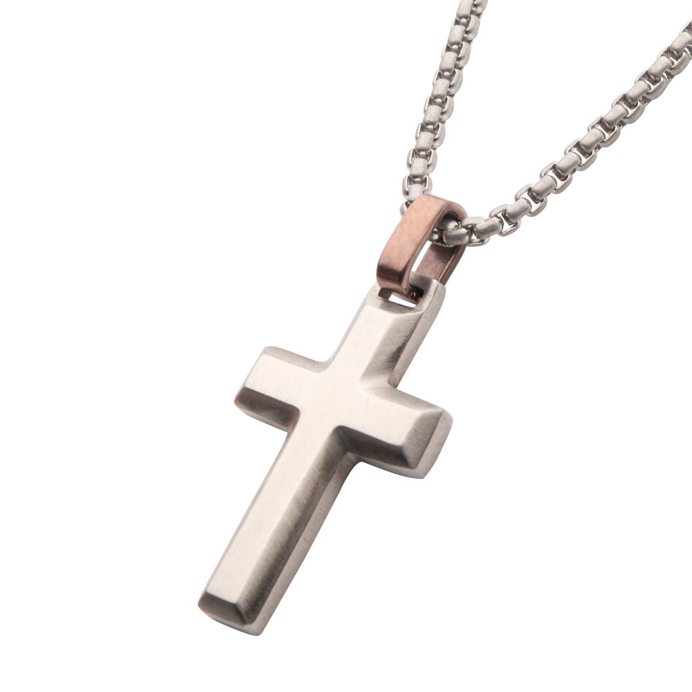 INOX Stainless Steel Matte Finish Beveled Cross with Brown Bail on 22" Box Chain