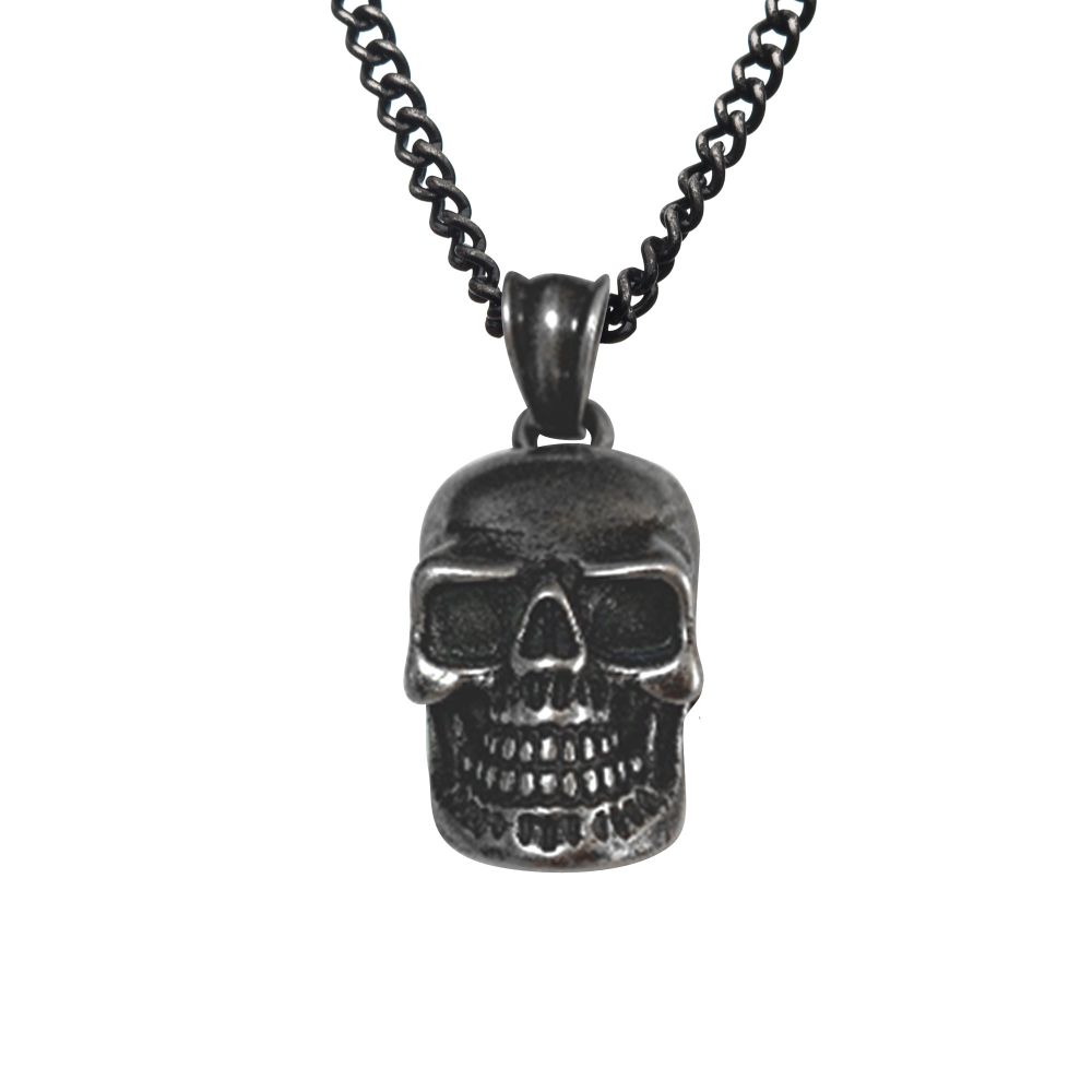 INOX Antiqued Stainless Steel Skull Pendant with Black IP Chain