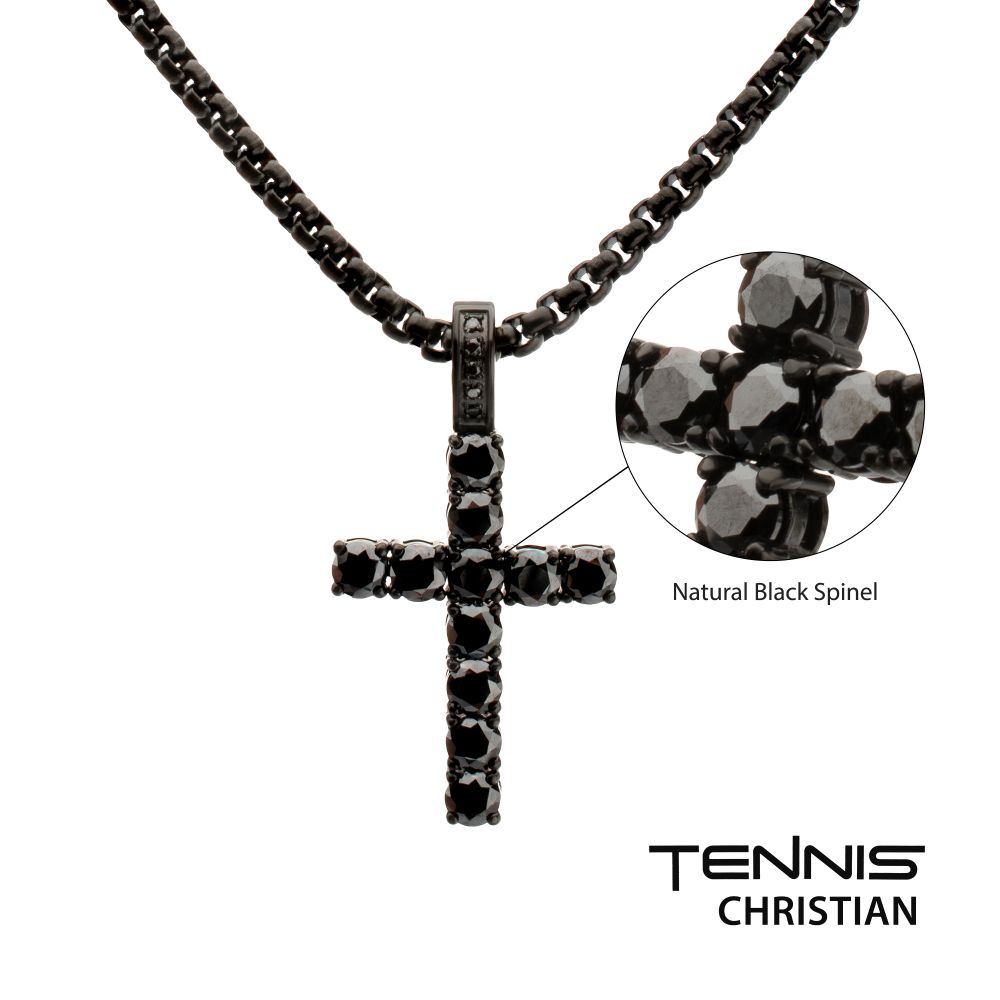 INOX Natural Black Spinel High Polished Black IP-Plated Steel Cross Pendant 2MM 22" Necklace