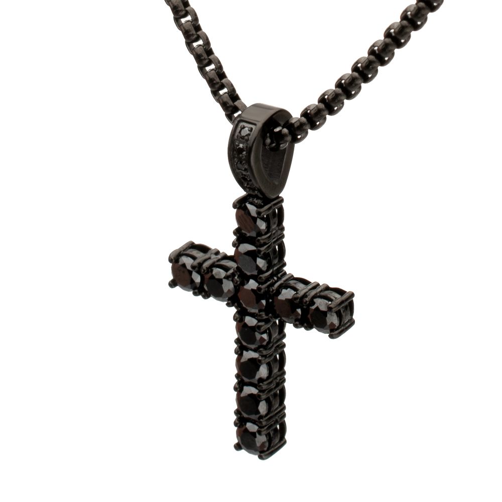 INOX Natural Black Spinel High Polished Black IP-Plated Steel Cross Pendant 2MM 22" Necklace