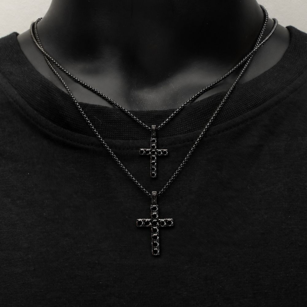 INOX Natural Black Spinel High Polished Black IP-Plated Steel Cross Pendant 2MM 22" Necklace
