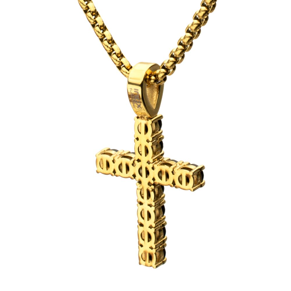 INOX Natural Black Spinel High Polished IP-Gold-Plated Steel Cross Pendant 2.5MM 22" Necklace