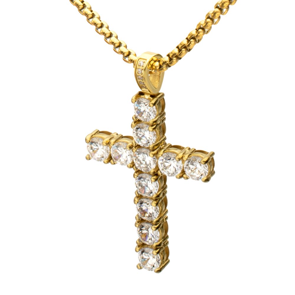 INOX IP-Gold-Plated Steel 1.35CTW. Lab-Created White Sapphire Cross Pendant 2MM 22" Necklace