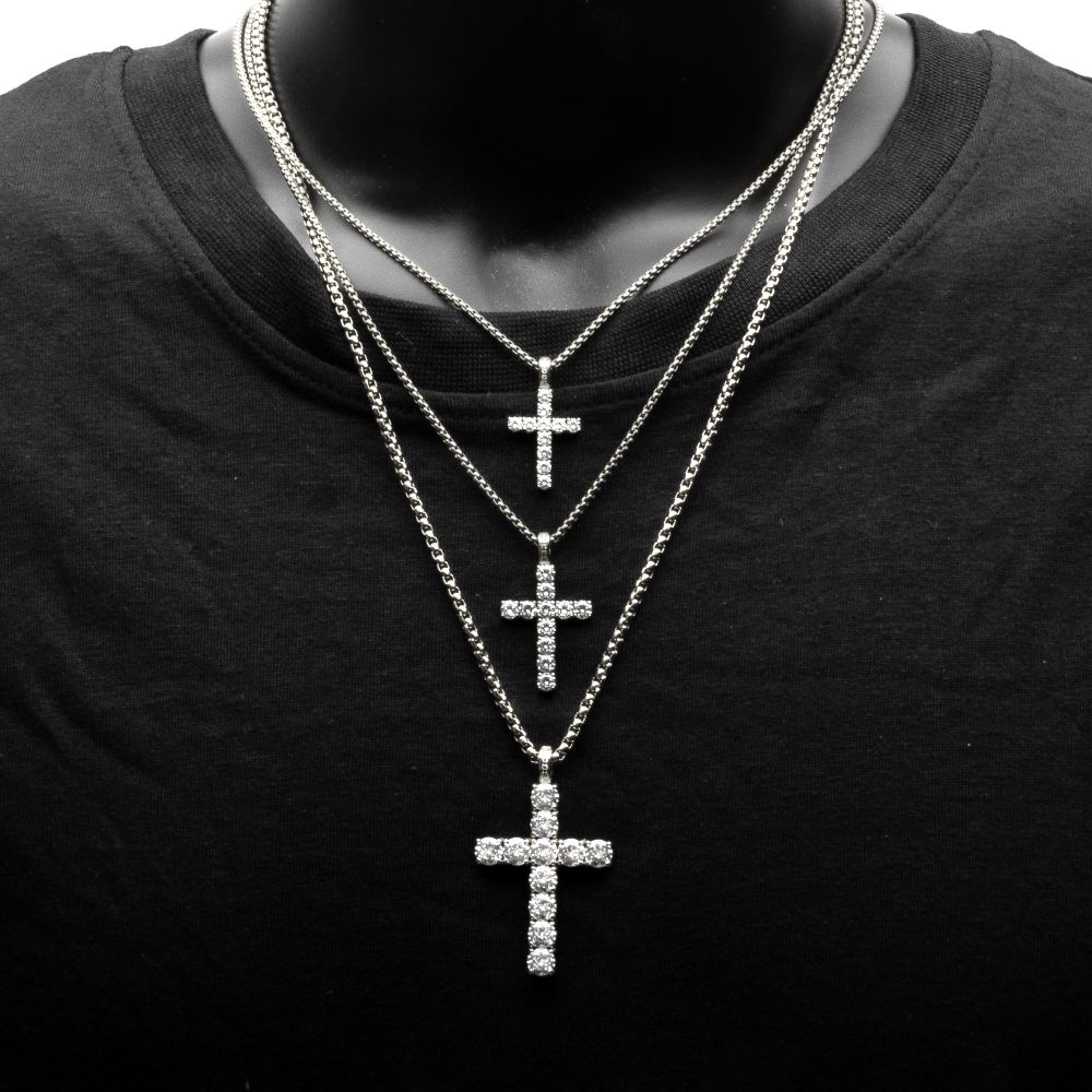 INOX Stainless Steel 3.33CTW. Lab-Created White Sapphire Cross Pendant 2.5MM 22" Necklace