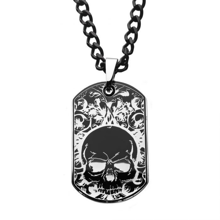 INOX Stainless Steel Black Plated Skull Dog Tag Pendant