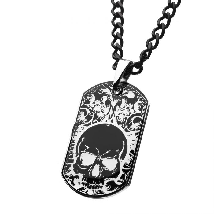 INOX Stainless Steel Black Plated Skull Dog Tag Pendant