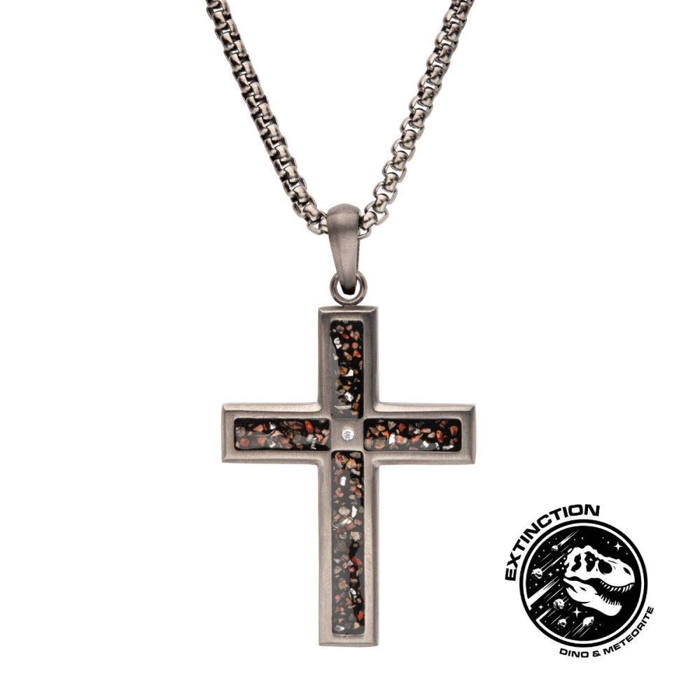 INOX Gun Metal IP Steel Matte Finish Black Dinosaur Bone Inlay with CZ Cross Pendant