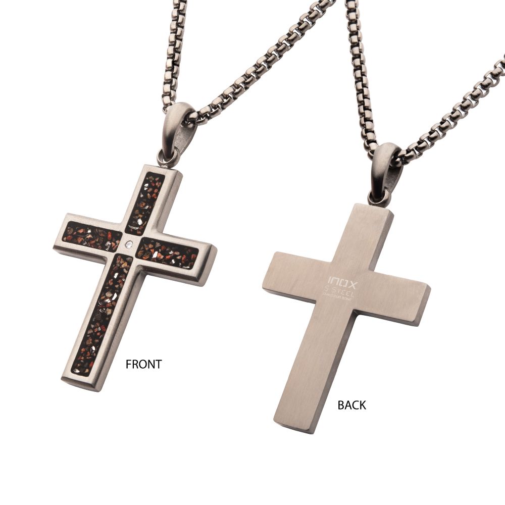 INOX Gun Metal IP Steel Matte Finish Black Dinosaur Bone Inlay with CZ Cross Pendant