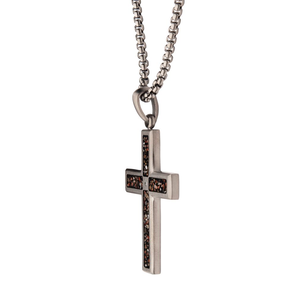 INOX Gun Metal IP Steel Matte Finish Black Dinosaur Bone Inlay with CZ Cross Pendant