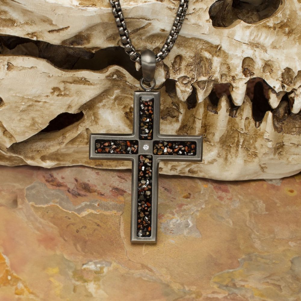 INOX Gun Metal IP Steel Matte Finish Black Dinosaur Bone Inlay with CZ Cross Pendant