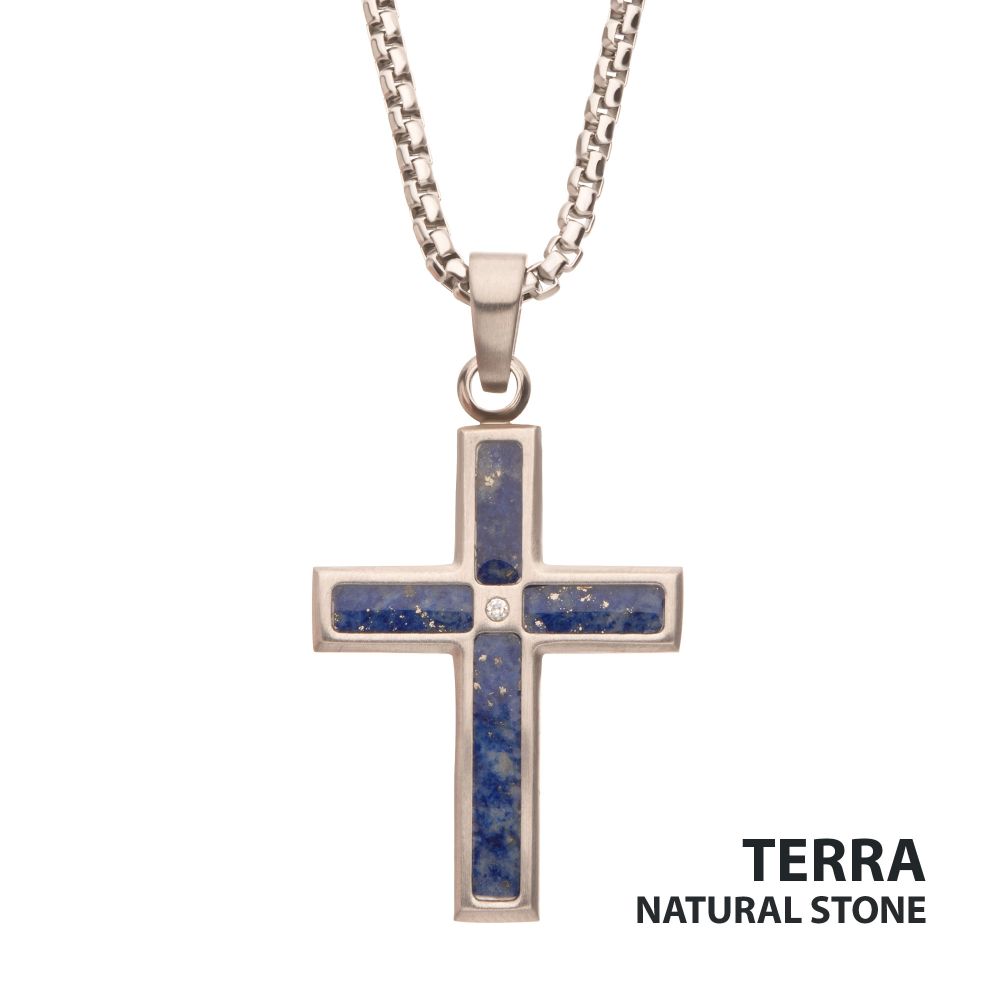 INOX Matte Stainless Steel Lapis Lazuli Inlay CZ Accented Cross Pendant 22" Necklace