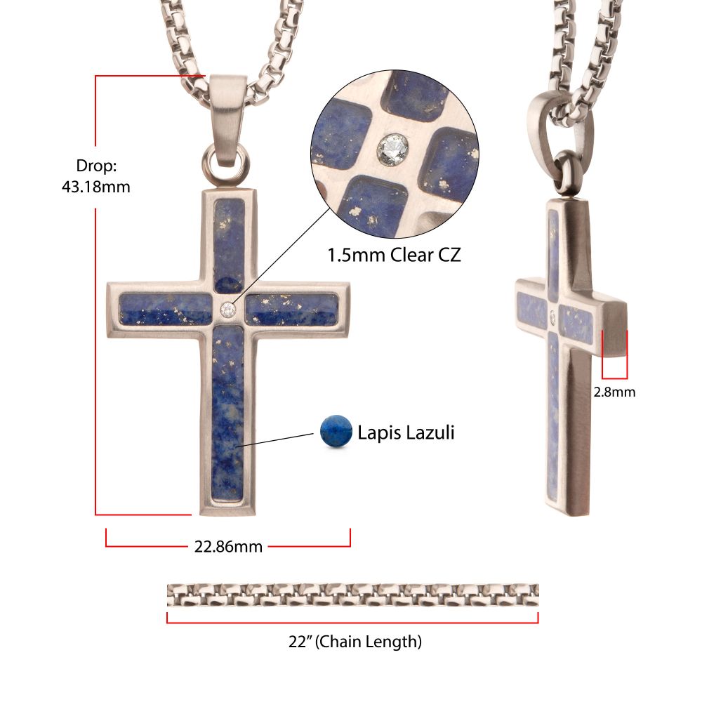 INOX Matte Stainless Steel Lapis Lazuli Inlay CZ Accented Cross Pendant 22" Necklace