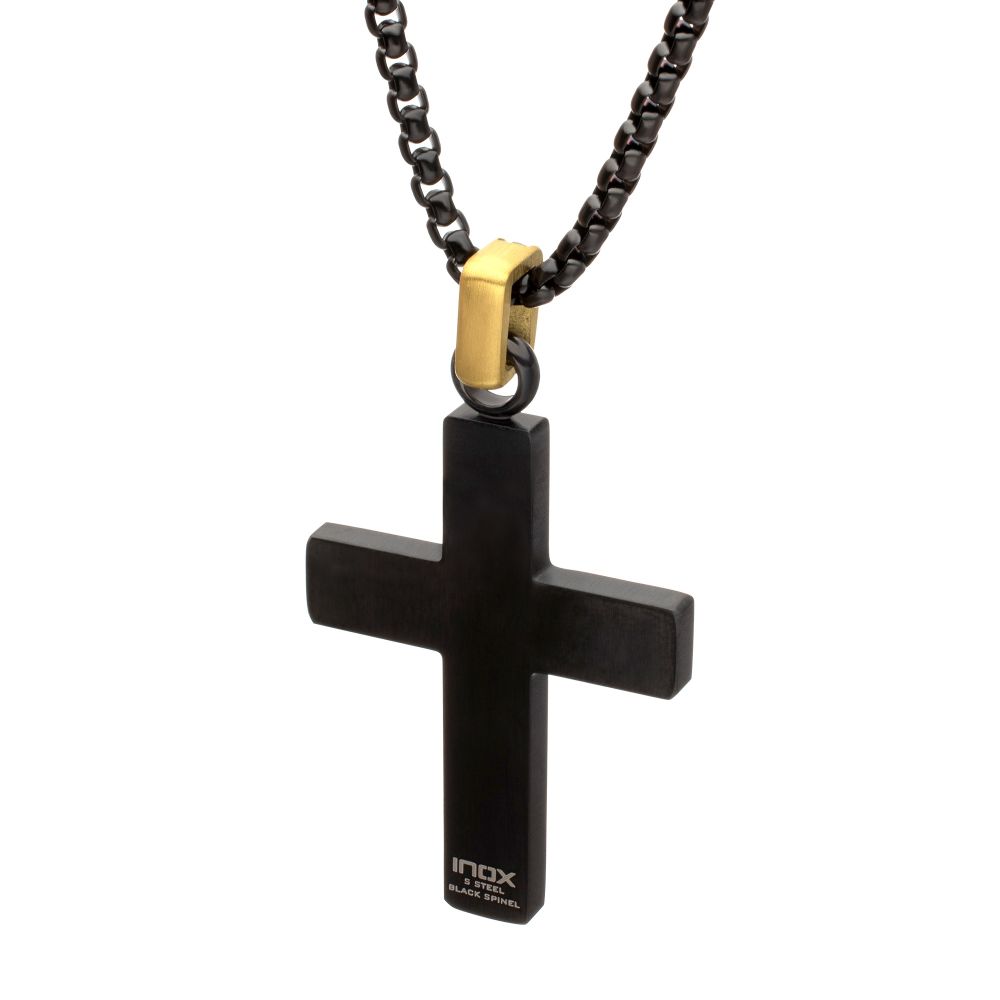 INOX Matte Black Stainless Steel Sandalwood and Black Spinel Cross Pendant Necklace