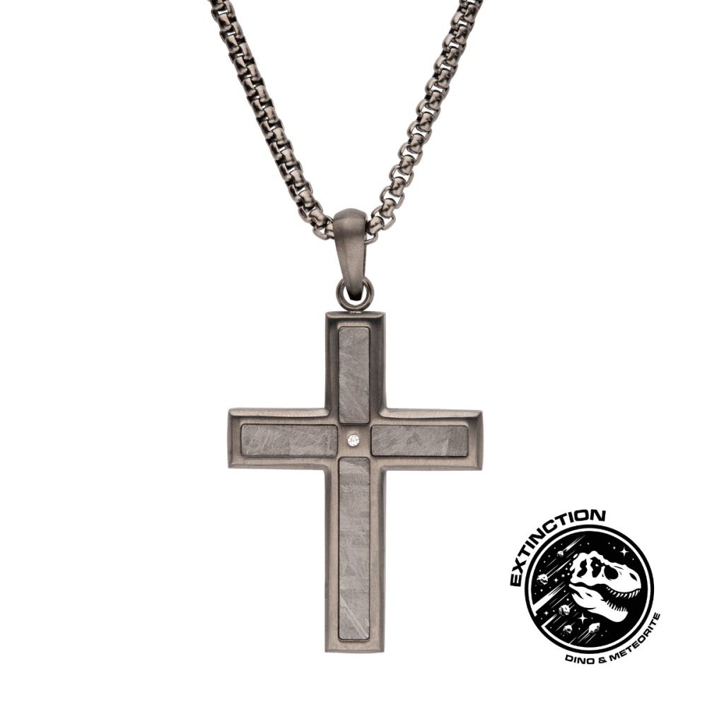 INOX Gun Metal IP Steel Matte Finish Meteorite Inlay with CZ Cross Pendant