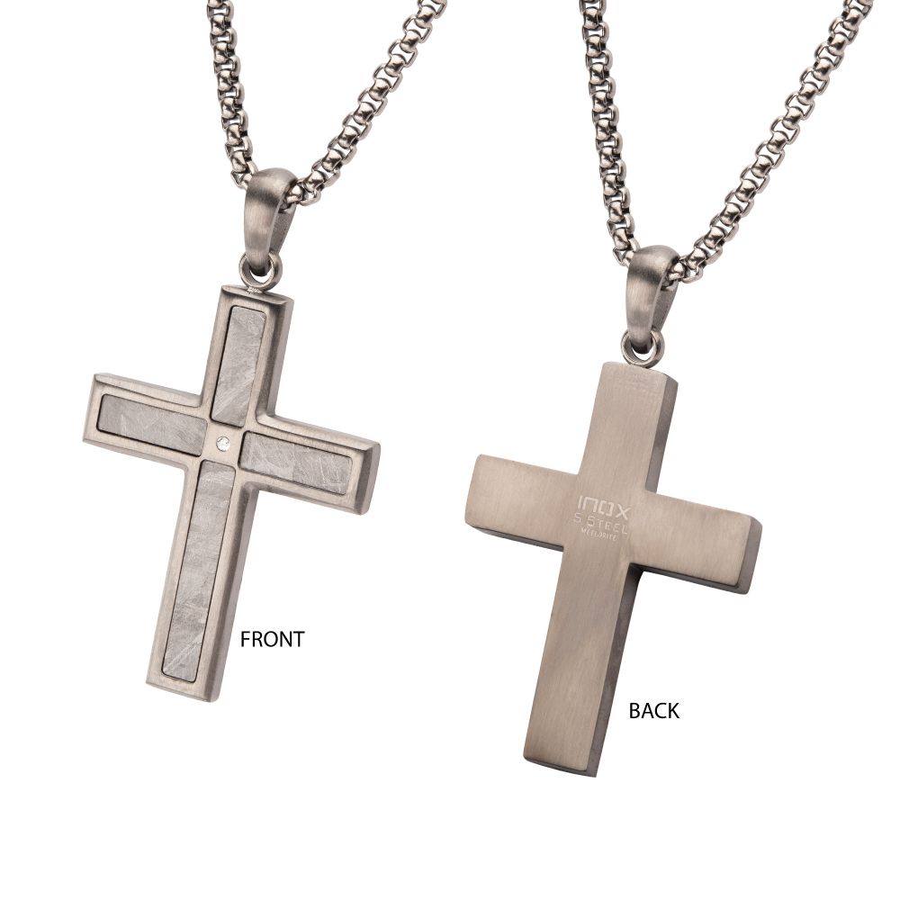 INOX Gun Metal IP Steel Matte Finish Meteorite Inlay with CZ Cross Pendant