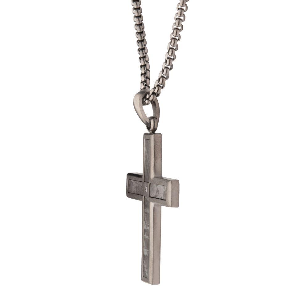 INOX Gun Metal IP Steel Matte Finish Meteorite Inlay with CZ Cross Pendant