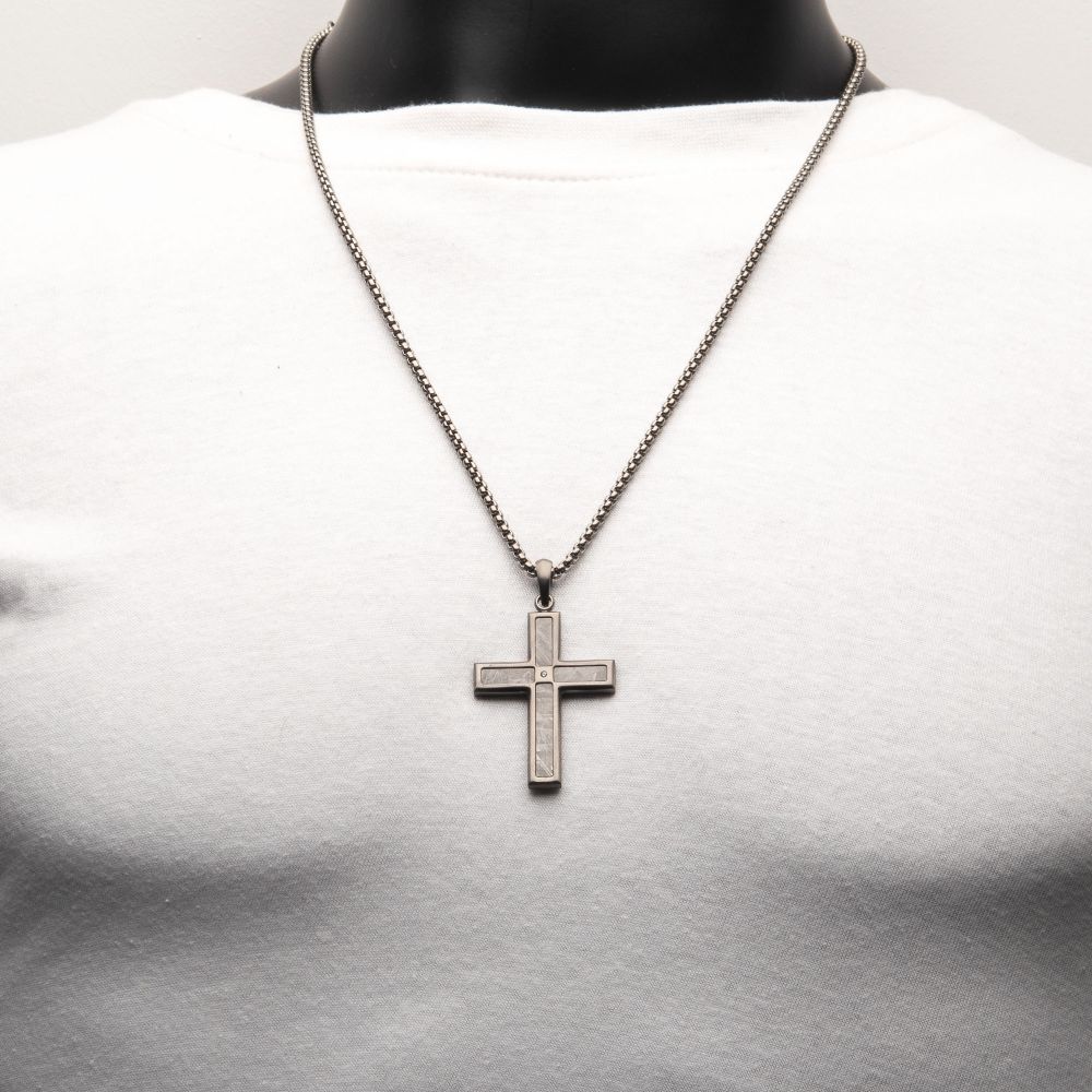 INOX Gun Metal IP Steel Matte Finish Meteorite Inlay with CZ Cross Pendant