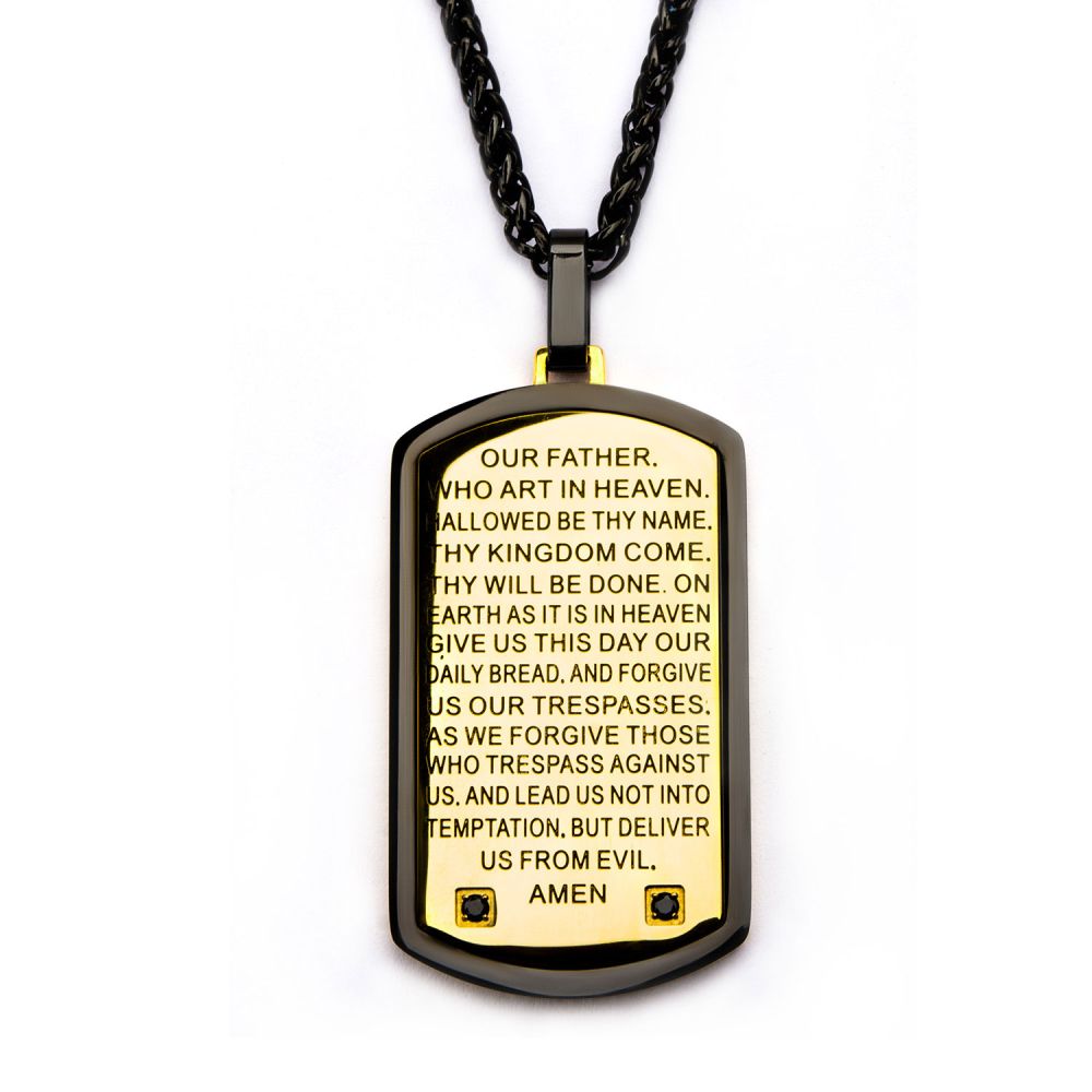 INOX Two Tone with Lord's Prayer & CNC Black CZ Gem Dog Tag Pendant with Chain