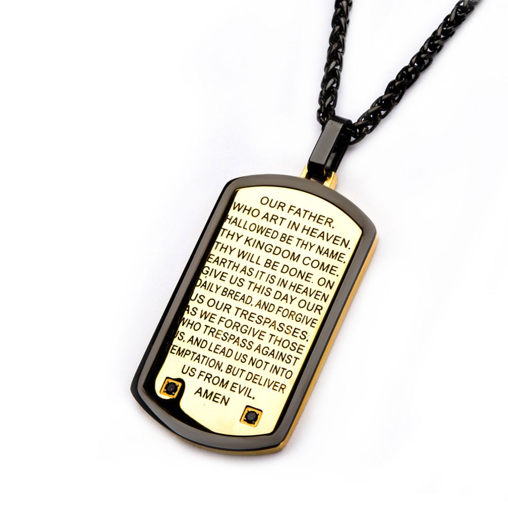 INOX Two Tone with Lord's Prayer & CNC Black CZ Gem Dog Tag Pendant with Chain