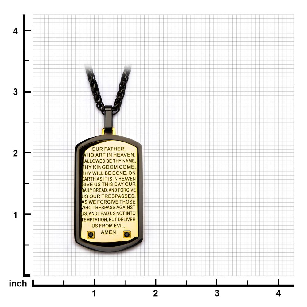 INOX Two Tone with Lord's Prayer & CNC Black CZ Gem Dog Tag Pendant with Chain