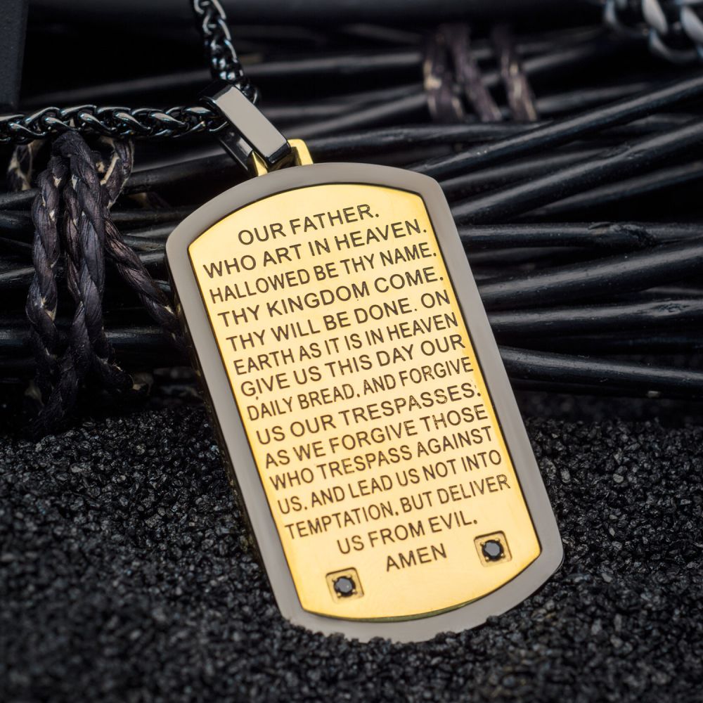 INOX Two Tone with Lord's Prayer & CNC Black CZ Gem Dog Tag Pendant with Chain