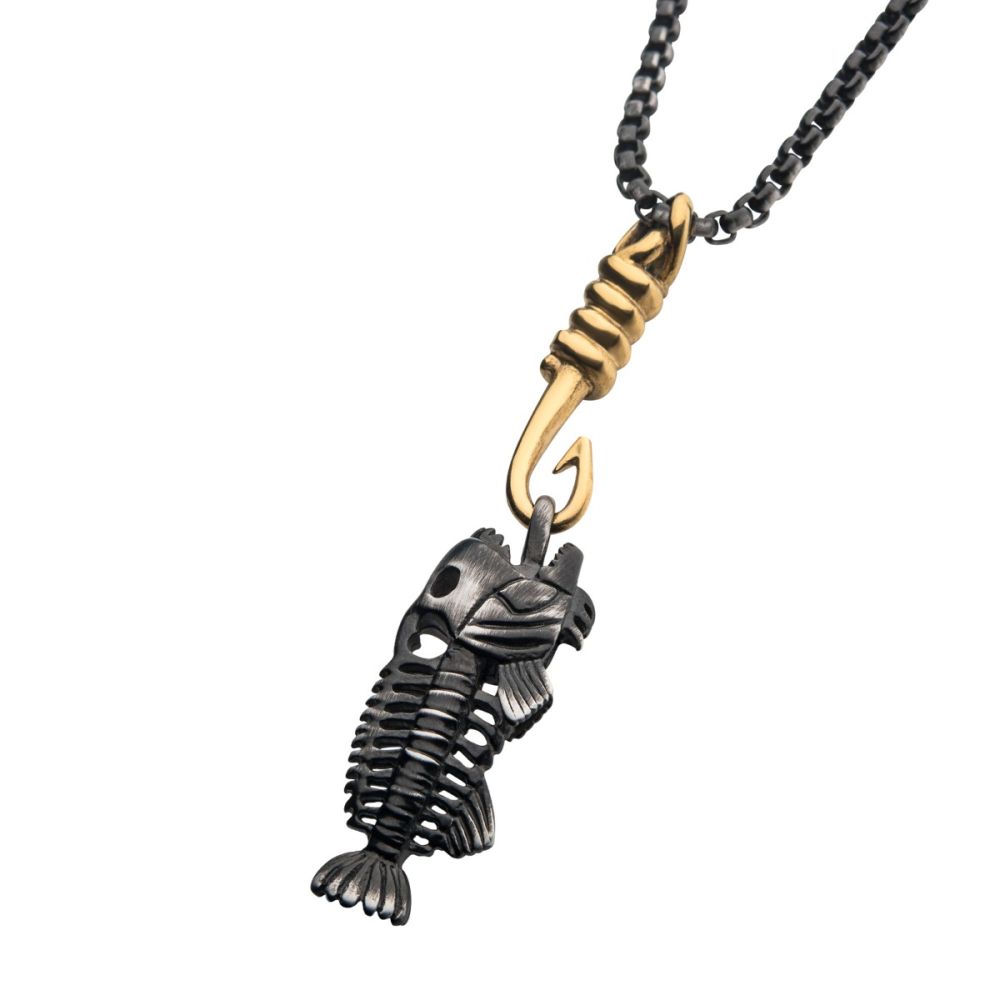 INOX Black IP Fishbone Pendant on a Polished Gold IP Hook with Black IP Box Chain