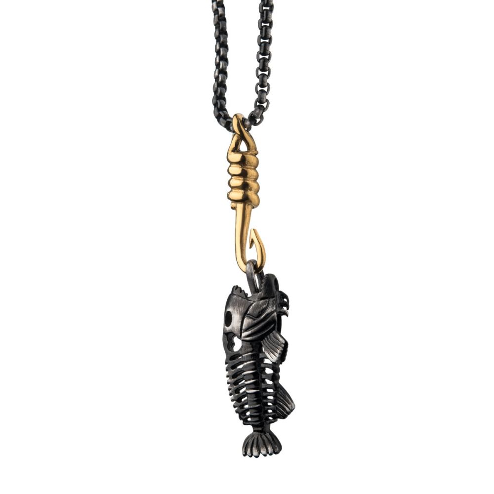 INOX Black IP Fishbone Pendant on a Polished Gold IP Hook with Black IP Box Chain