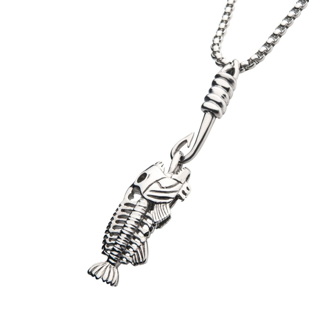 INOX Polished Steel Fishbone Pendant with Hook & Box Chain