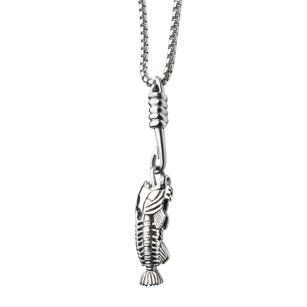 INOX Polished Steel Fishbone Pendant with Hook & Box Chain