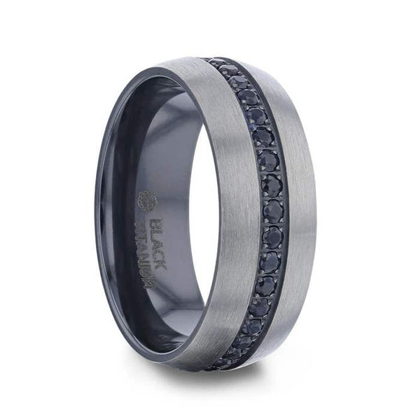 Thorsten "AVIATOR" Domed Brushed Titanium Wedding Band with Black Sapphires
