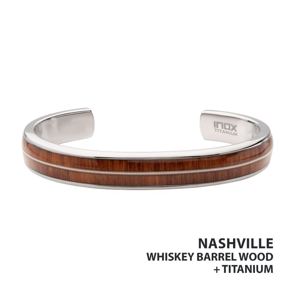 Front View INOX Titanium & Whiskey Barrel Wood Inlay with Embedded Guitar String Cuff Bracelet
