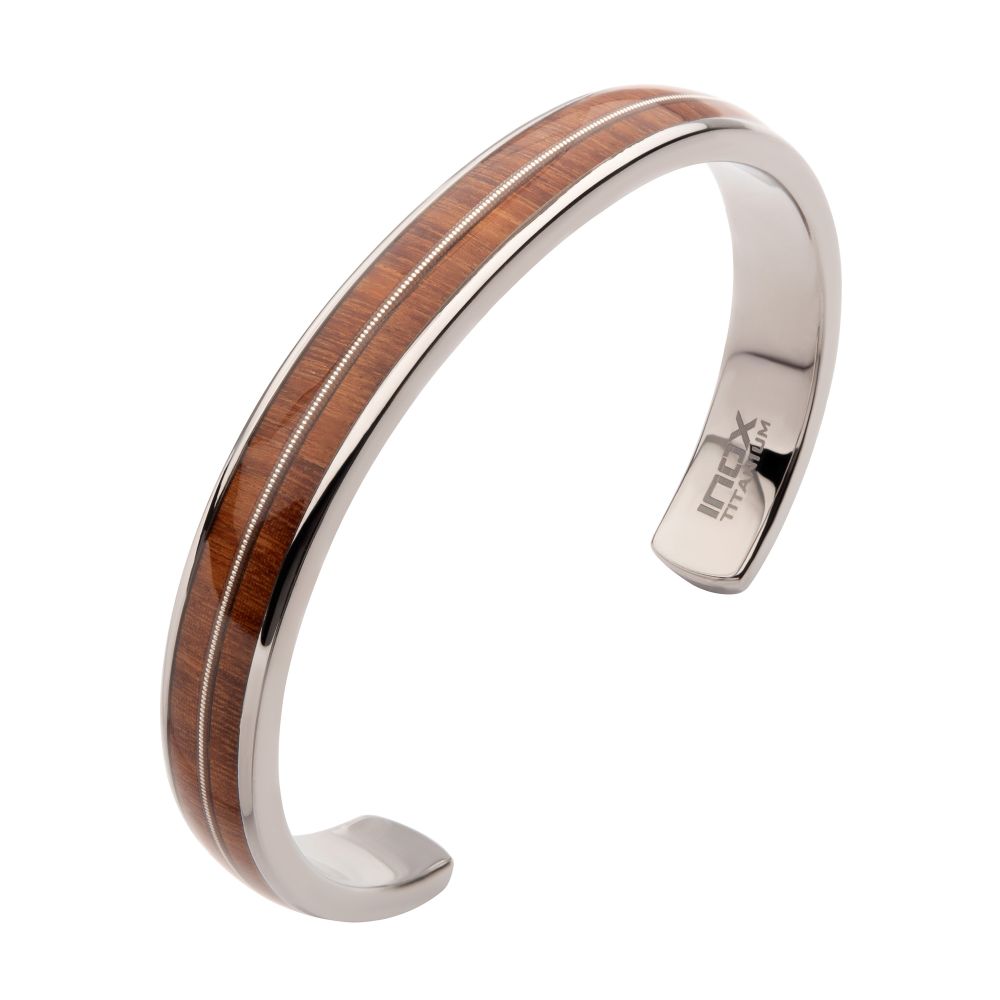 Side View INOX Titanium & Whiskey Barrel Wood Inlay with Embedded Guitar String Cuff Bracelet