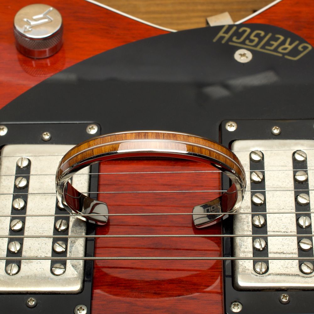 Alternate View INOX Titanium & Whiskey Barrel Wood Inlay with Embedded Guitar String Cuff Bracelet