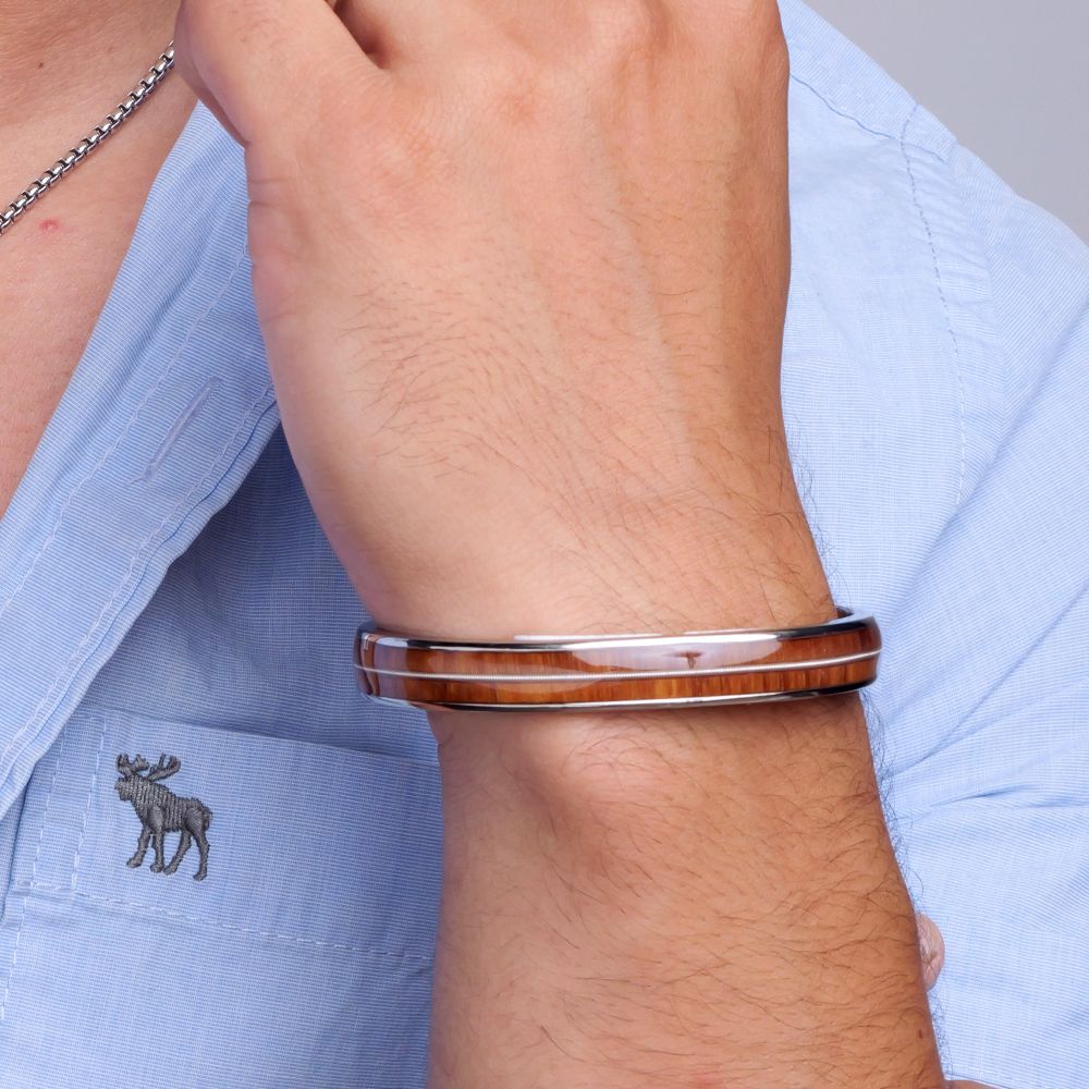 Arm View INOX Titanium & Whiskey Barrel Wood Inlay with Embedded Guitar String Cuff Bracelet